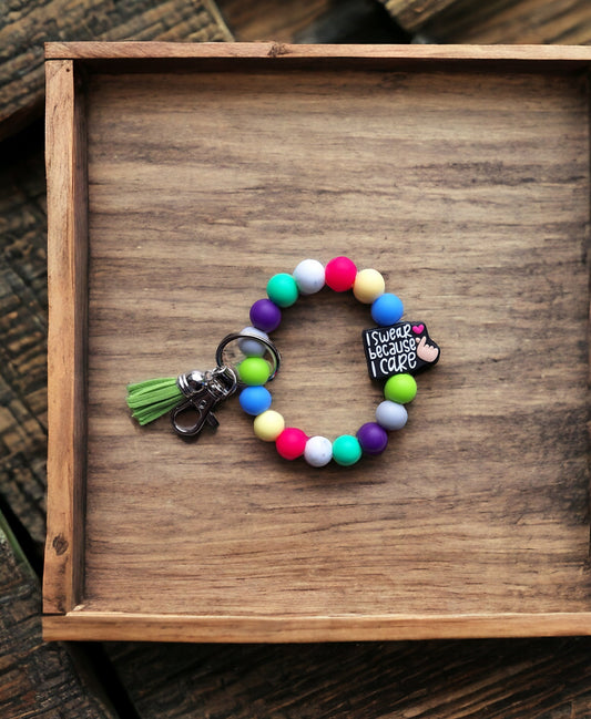 Silicone beaded wristlet keychain / i swear because i care silicone beaded wristlet keychain / swear attitude bag accessories key chain
