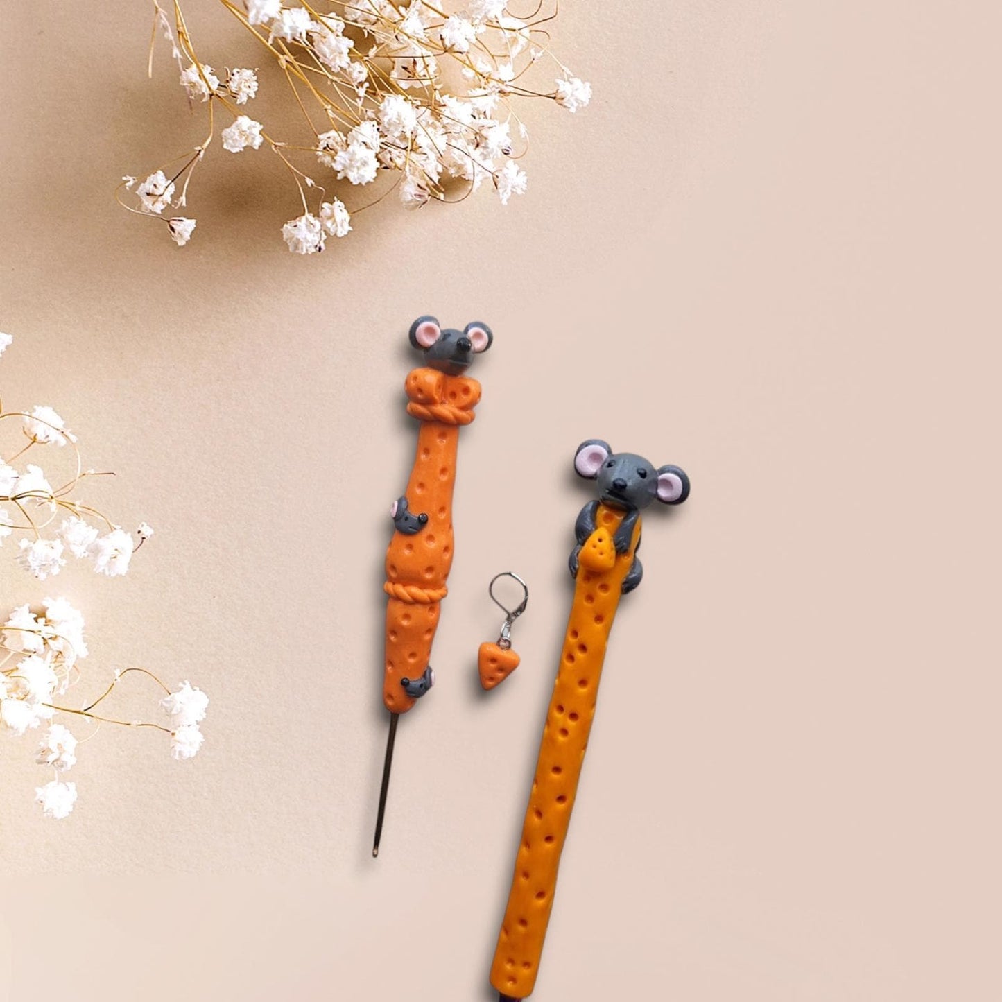 Polymer clay cute mouse in cheese crochet hook