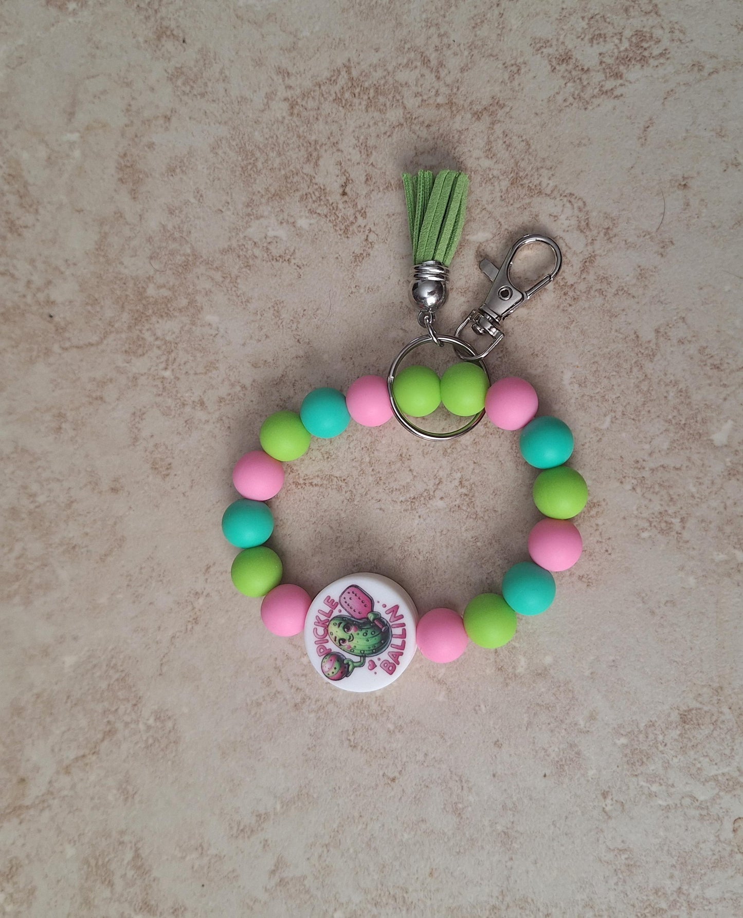 Silicone beaded wristlet keychain pickle ballin / pickle ball silicone beaded wristlet keychain / pickleball bag accessories key chain gift