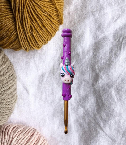 Polymer clay purple teal pink unicorn crochet hook