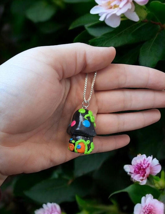 Polymer clay mushroom toadstool jewelry jar / cottage core colorful neon black clay mushroom necklace / functional necklace / pendant gift
