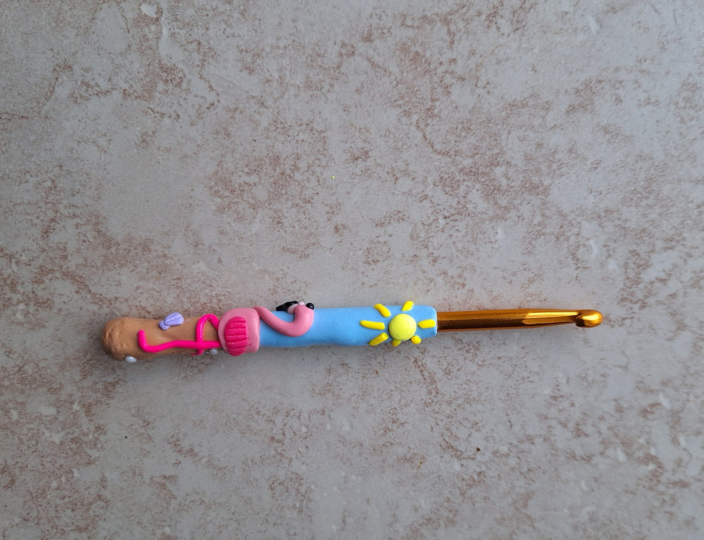 Polymer clay pink flamingo sunshine beach crochet hook