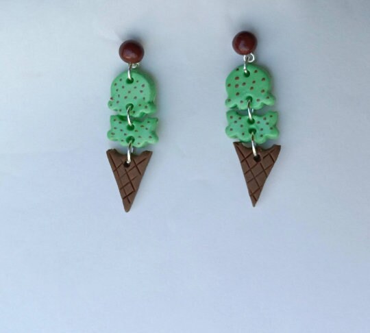 Kawaii ice cream scoop cone earrings / polymer clay ice cream dangle earrings / clay food jewelry / clay neopolitan ice cream earrings