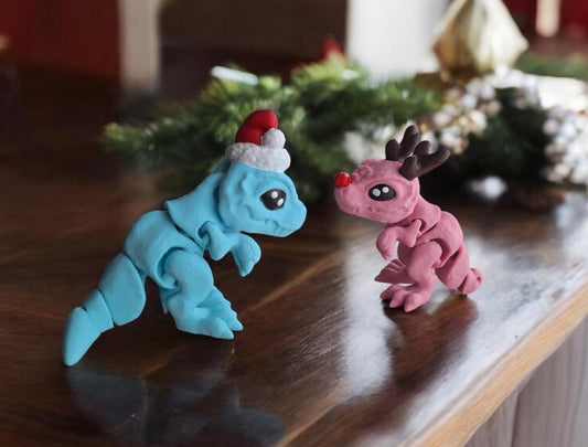 3D articulated assorted color festive tiny t-rex / 3d printed santa t rex dinosaur dino animals / dinosaur knick knack Fidget figurines