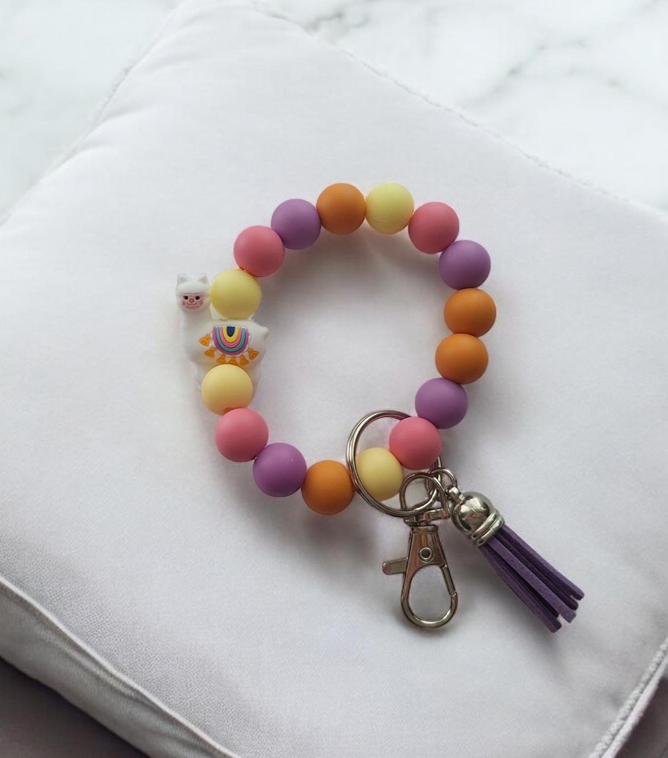 Silicone beaded wristlet keychain / colorful kawaii cute llama silicone beaded wristlet keychain / white Llama bag accessories key chain