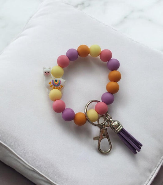 Silicone beaded wristlet keychain / colorful kawaii cute llama silicone beaded wristlet keychain / white Llama bag accessories key chain
