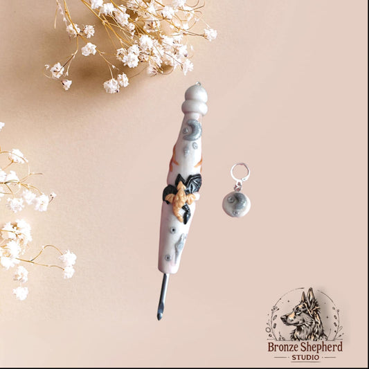Handmade Polymer clay white black gold celestial dragon crochet hook with stitch marker