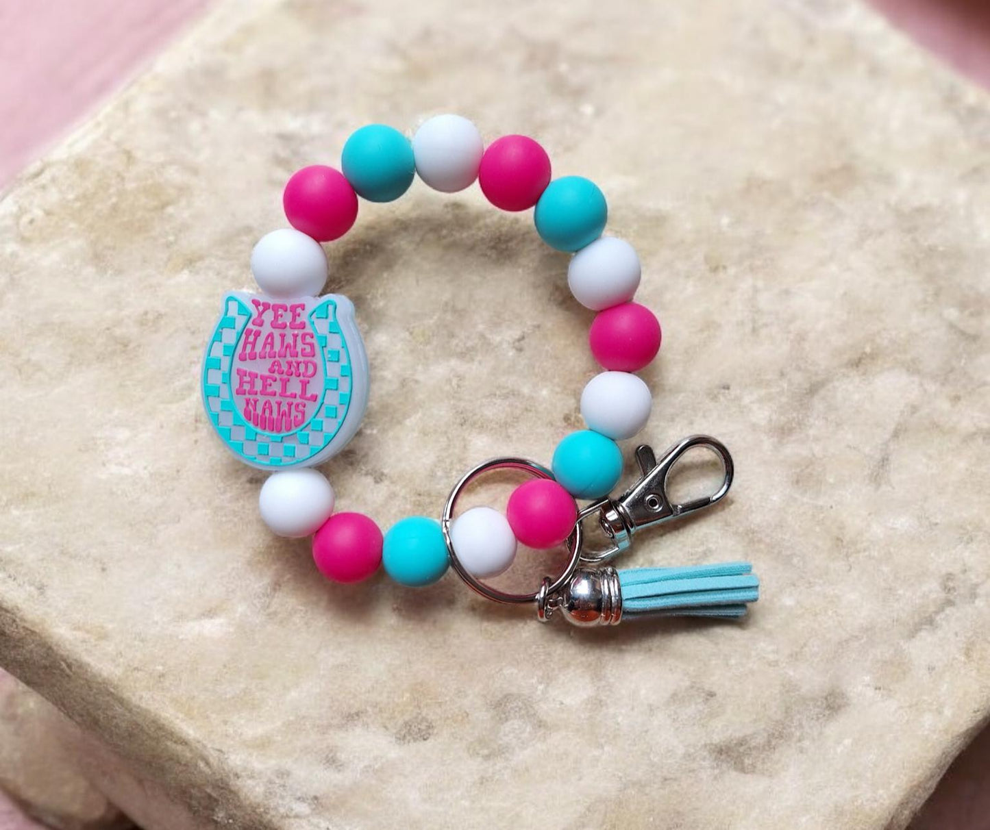 Silicone beaded wristlet / colorful horseshoe yeehaw hell naw silicone beaded wristlet keychain / country western bag accessories key chain