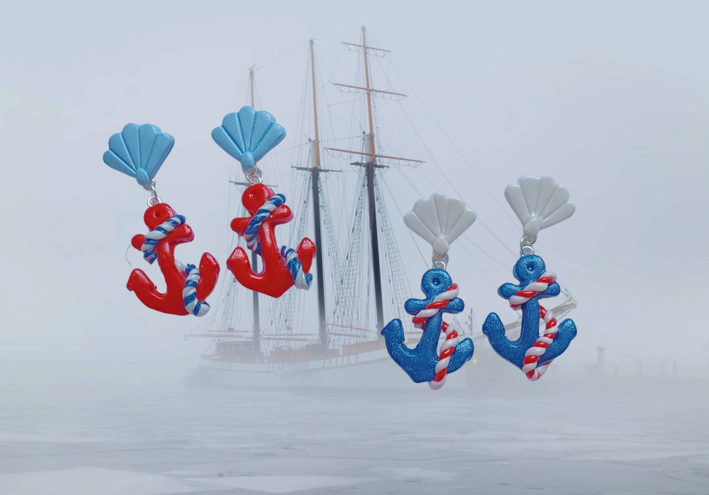 Kawaii nautical earrings / polymer clay anchor earrings / kawaii anchor nautical jewelry / clay shell anchor rope beach earrings