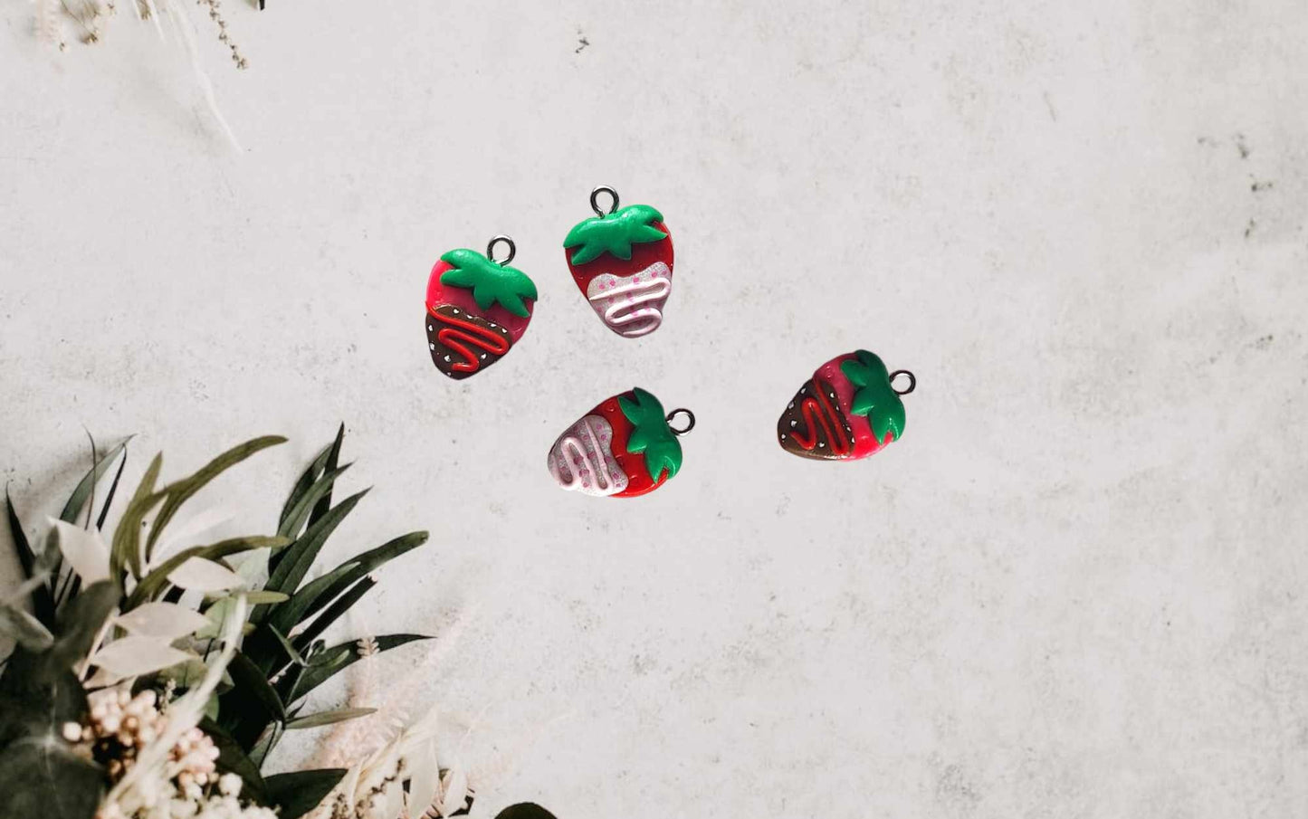 Kawaii heart love valentine strawberry charms / polymer clay chocolate covered strawberry charms / kawaii food charms jewelry stitch marker