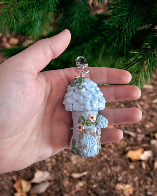 Polymer clay mushroom toadstool keychain jar / cottage core baby blue pink daisy clay mushroom keychain / functional keychain key chain gift