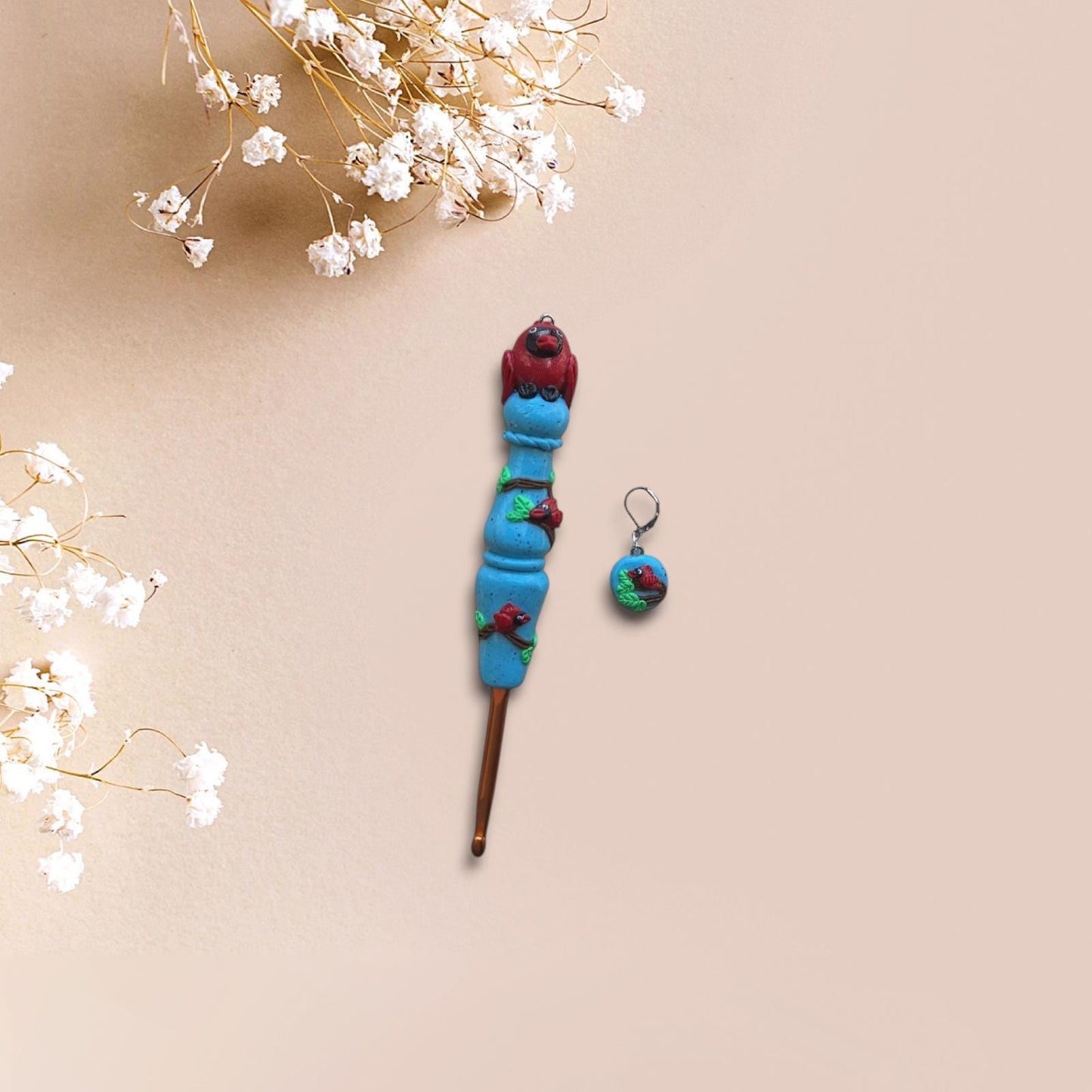 Polymer clay cardinal bird on turquoise clay crochet hook
