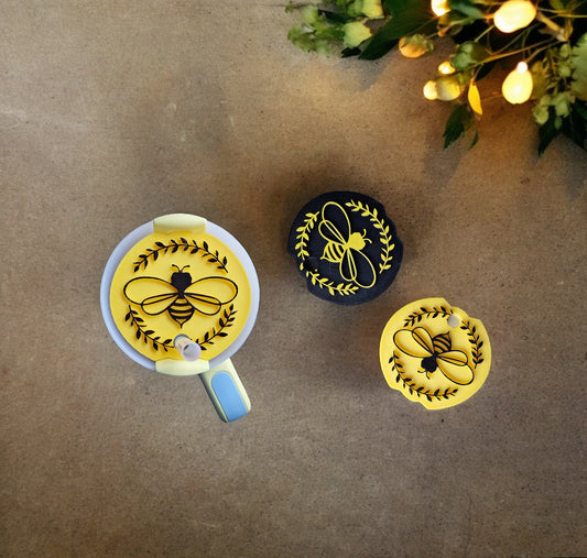 3D printed black yellow bee straw tumbler topper accessories /  tumbler topper straw tag / honey bumble bee tumbler accessories for stanley