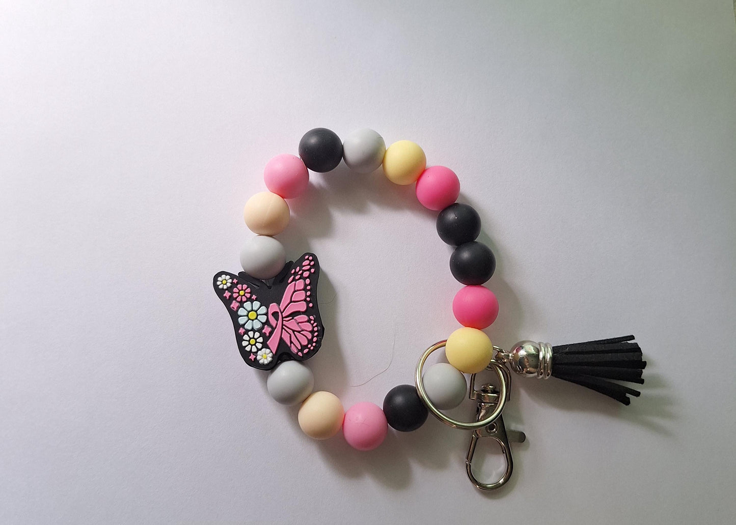 Silicone beaded wristlet keychain / breast cancer awareness ribbon silicone beaded wristlet keychain / butterfly bag accessories key chain