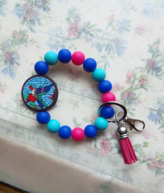 Silicone beaded wristlet keychain / pink teal hummingbird silicone beaded wristlet keychain / humming bird bag accessories key chain