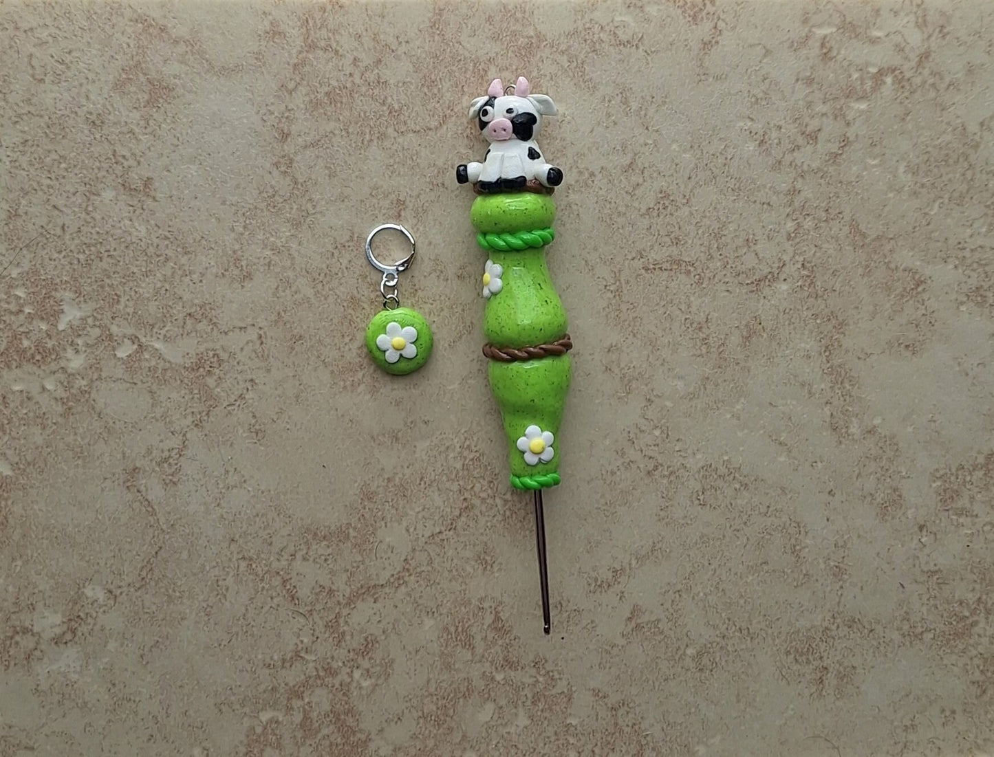 Polymer clay cute daisy cow crochet hook with stitch marker