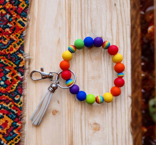 Silicone beaded wristlet keychain / stripe rainbow  silicone beaded wristlet keychain / colorful stripe bag accessories key chain gift