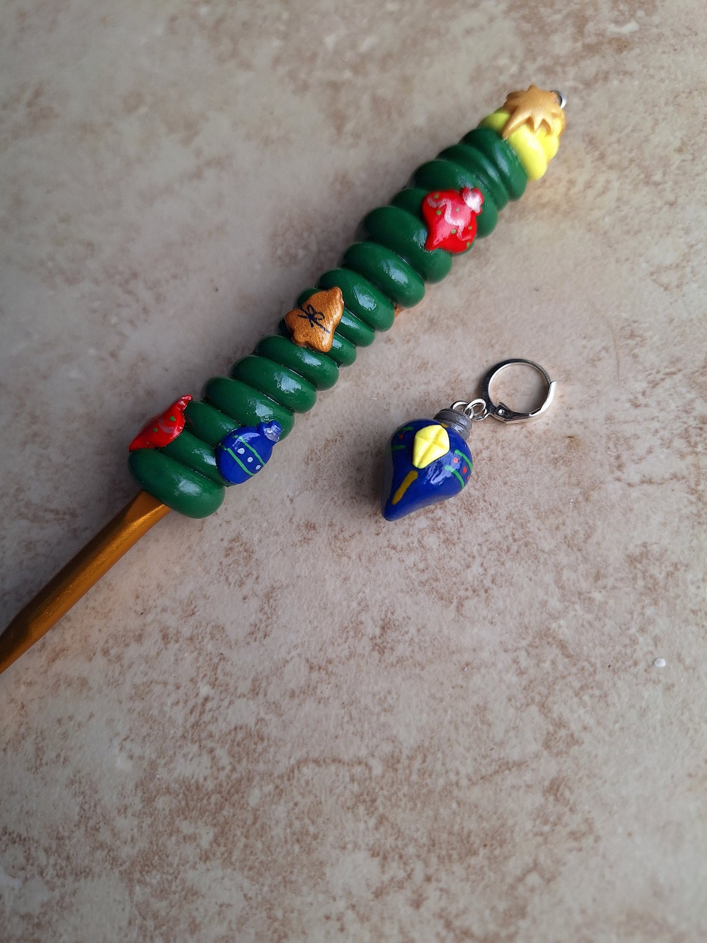 Polymer swirl tree Christmas holiday crochet hook with stitch marker