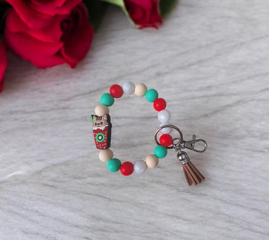 Silicone beaded wristlet keychain cat coffee cup / holiday silicone beaded wristlet keychain / kitty cat bag accessories key chain gift