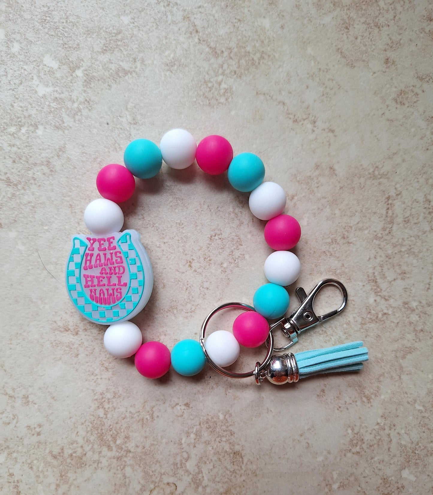 Silicone beaded wristlet / colorful horseshoe yeehaw hell naw silicone beaded wristlet keychain / country western bag accessories key chain