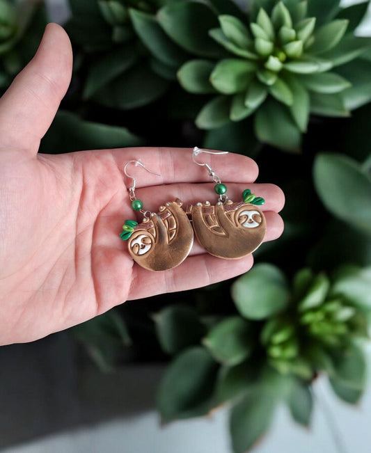 Kawaii floral sloth earrings / polymer clay sloth on branch earrings / kawaii animal jewelry / floral earrings / safari jungle earrings