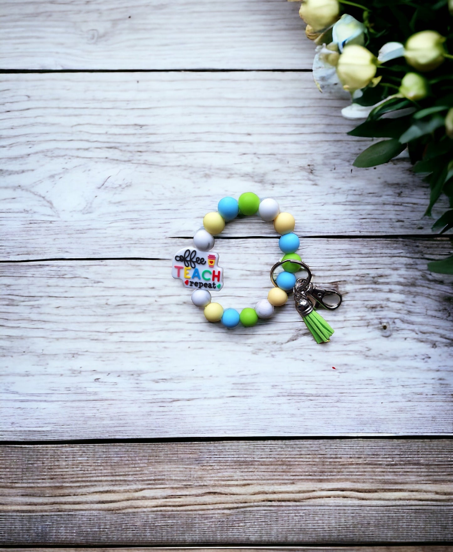 Silicone beaded wristlet keychain coffee teach repeat silicone beaded wristlet keychain / teacher gift bag accessories key chain