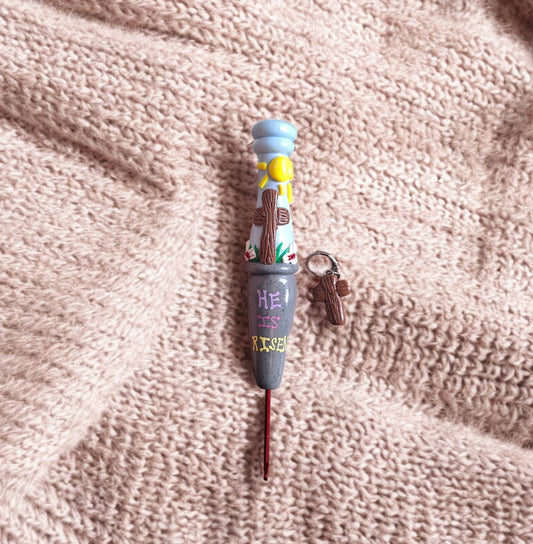 Polymer clay He is risen inspirational faith crochet hook with stitch marker