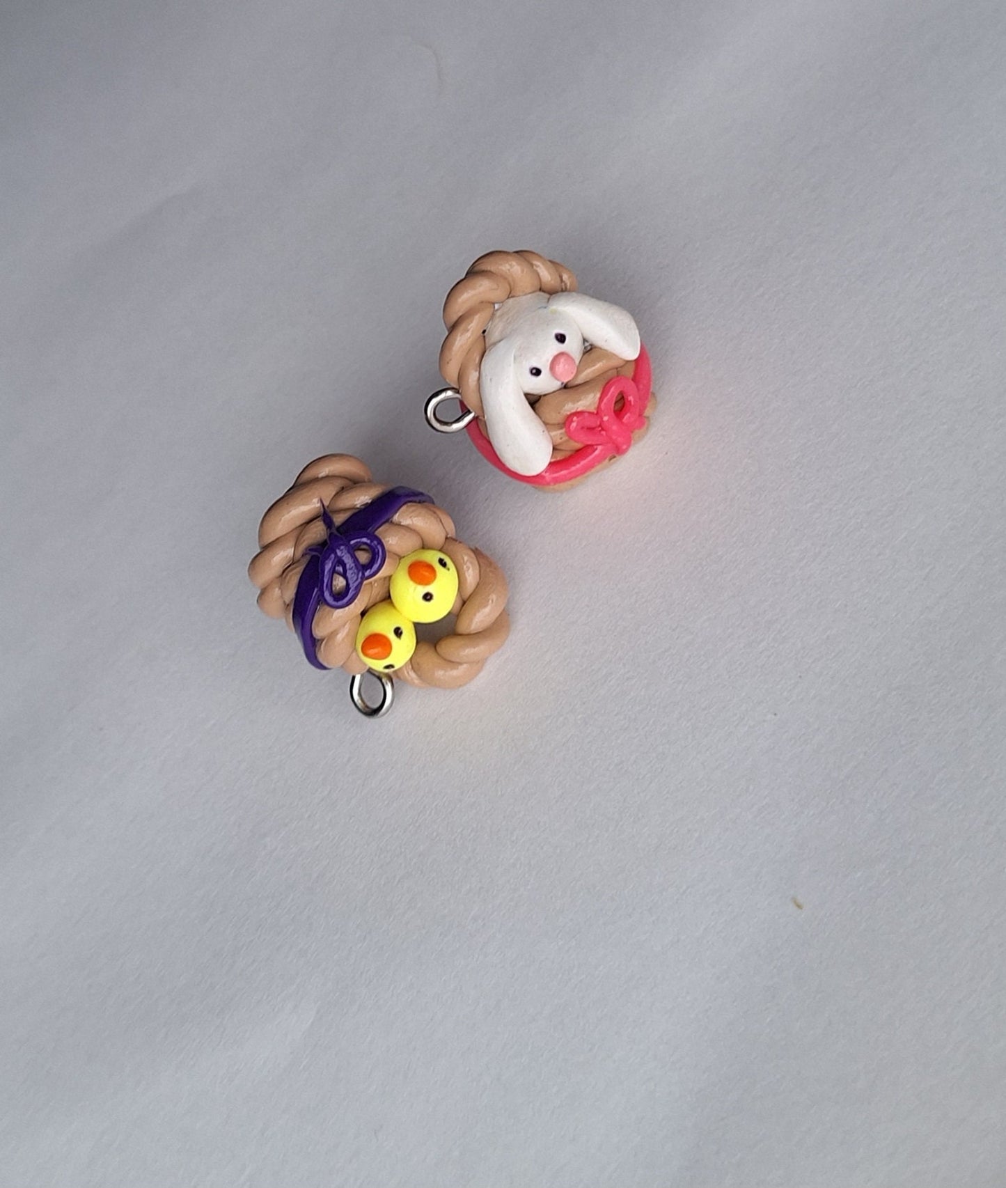 Kawaii chics in basket charms / polymer clay baby chicken charms / bunny in basket easter charms / kawaii chic bunny jewelry stitch marker