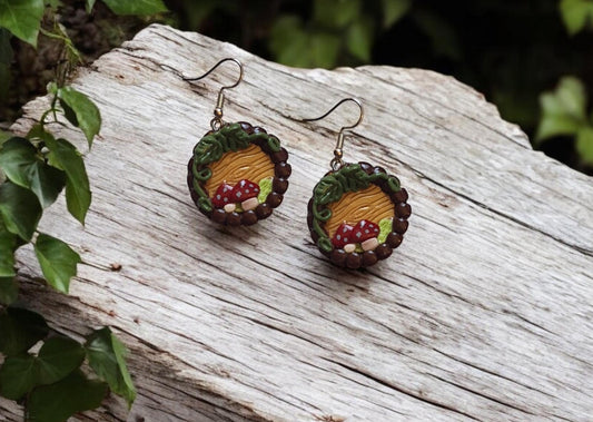 Kawaii clay autumn fairy door earrings / polymer clay mushroom bookcase earrings toadstool jewelry / fall cottage core earrings