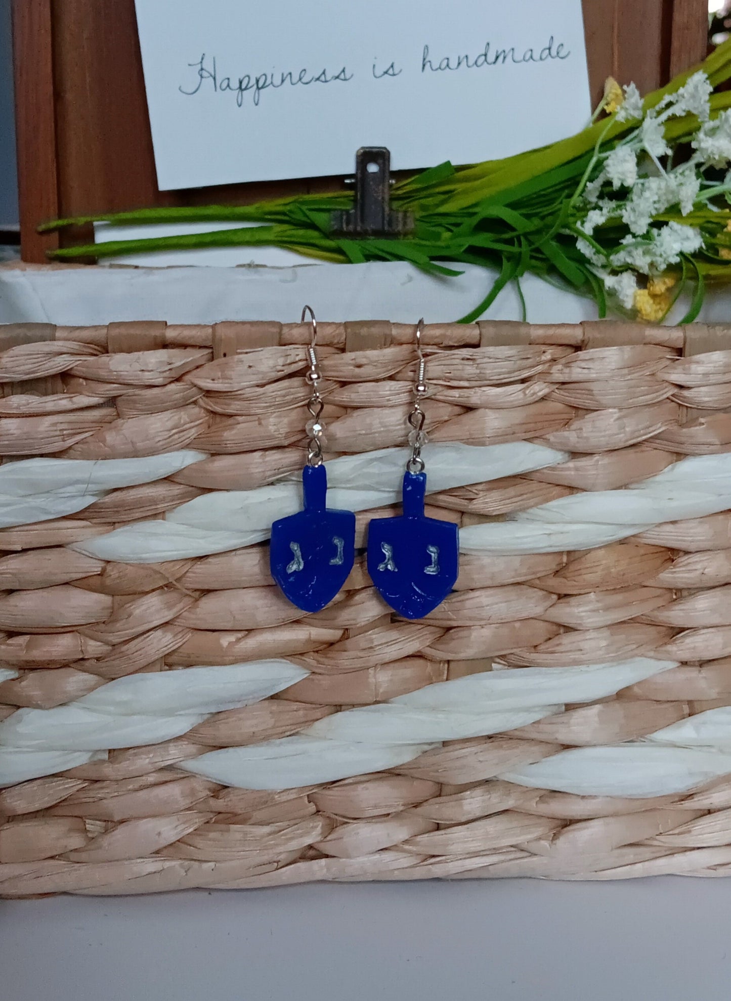 Kawaii blue silver dreidel earrings / clay dreidel dangle earrings / clay Hanukkah earrings / clay holiday Hanukkah jewelry