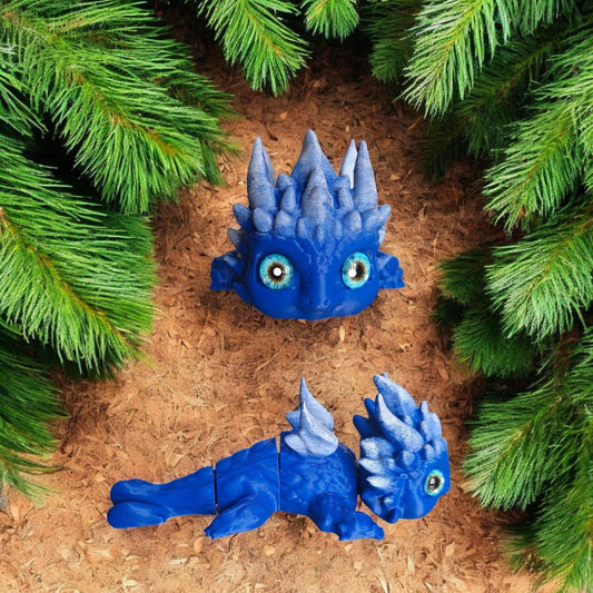 3D articulated printed and painted blue white baby ice dragon / 3d printed baby dragon / 3d printed desk pet figurine fidget Serev3d design