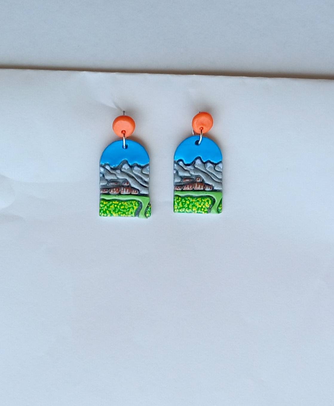 Kawaii landscape skyline earrings / polymer clay Grand Teton dangle earrings / clay grand teton jewelry / landscape trees earrings