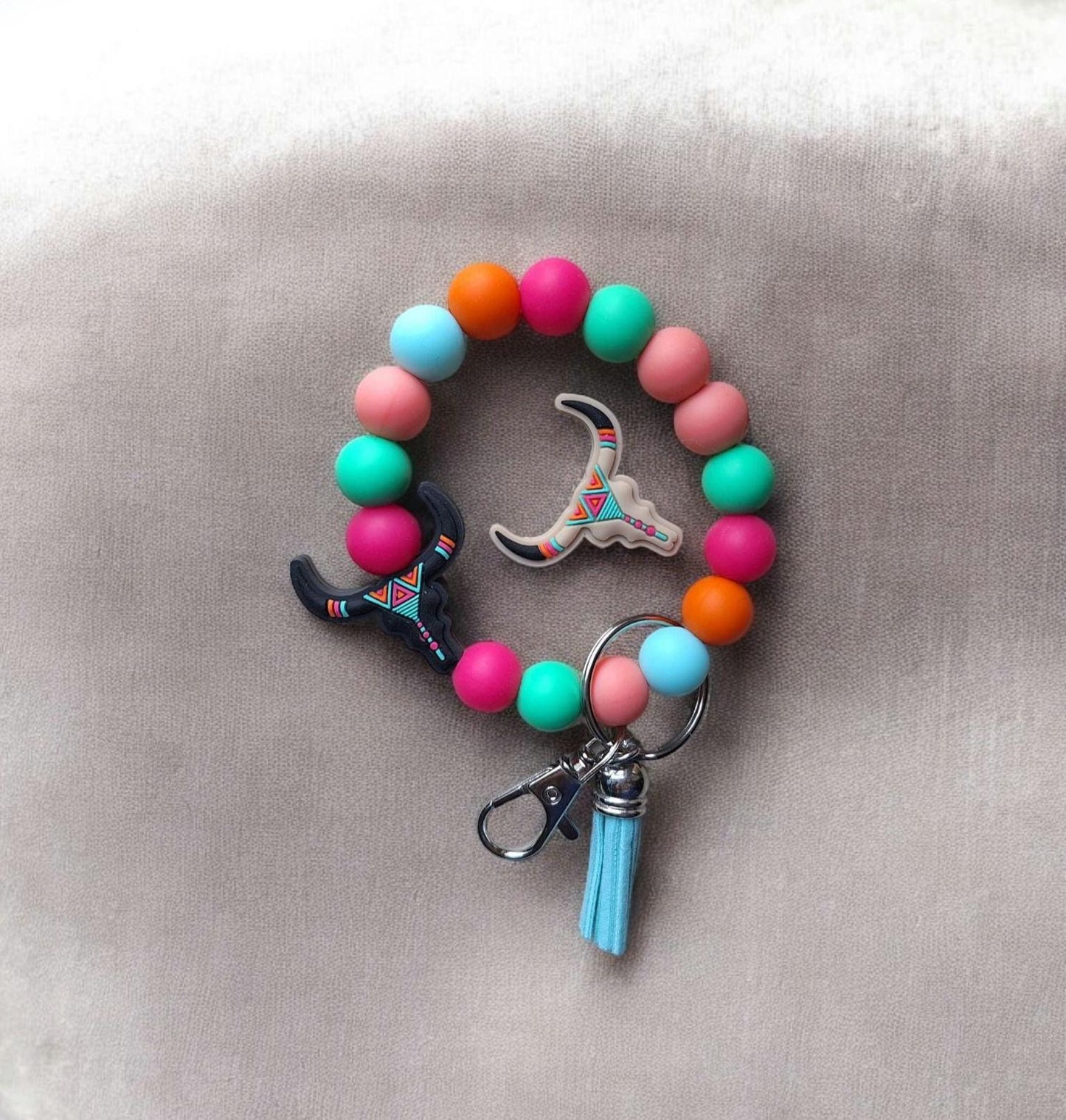 Silicone beaded wristlet keychain / colorful Aztec skull silicone beaded wristlet keychain / teal pink western bag accessory key chain gift