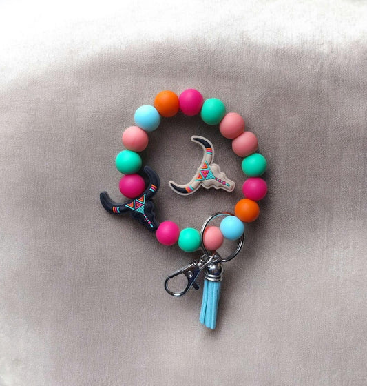 Silicone beaded wristlet keychain / colorful Aztec skull silicone beaded wristlet keychain / teal pink western bag accessory key chain gift