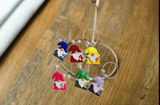 Set of 6 gnome mushroom wine charms / fairy toadstool wine charms / 6 set polymer clay colorful gnome wine charms