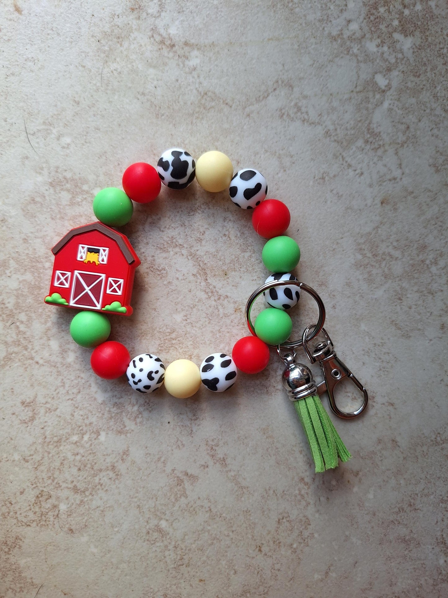 Silicone beaded wristlet / red barn cow farm farmer silicone beaded wristlet keychain / country western bag accessories key chain