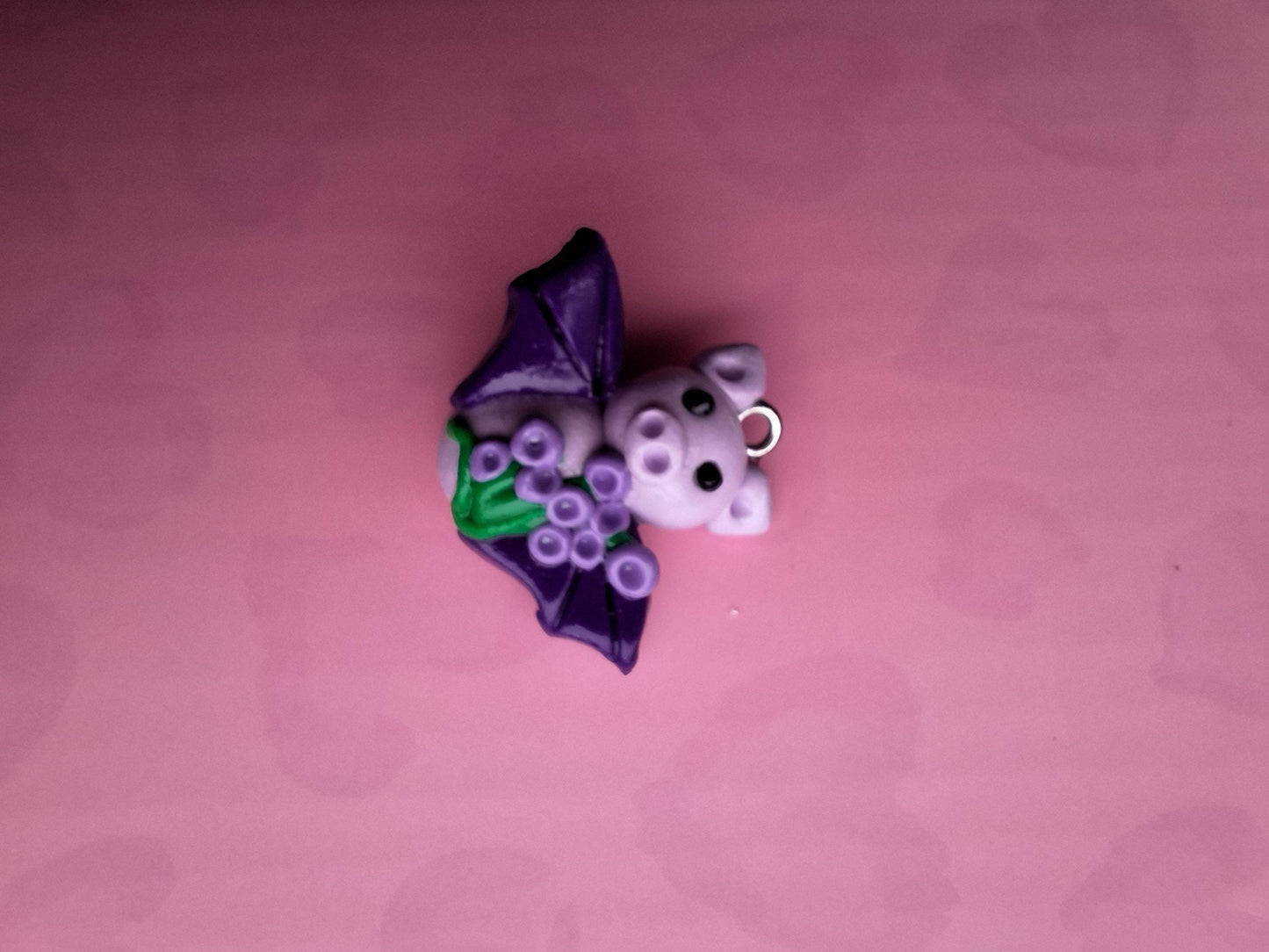 Kawaii floral lavender bat charm / polymer clay holiday charms / clay charm jewelry / bat charm stitch marker progress keeper