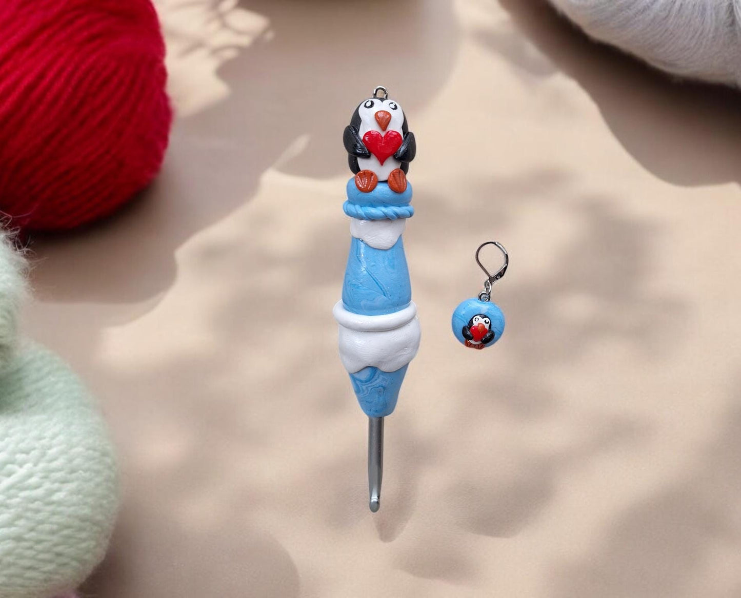 Polymer clay icy heart penguin crochet hook with stitch marker