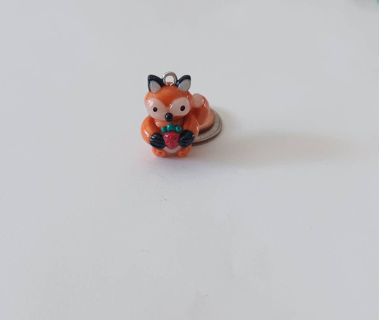 Kawaii fox charms / polymer clay fox with strawberry charms / kawaii animal charms / kawaii fox jewelry / orange red fox clay