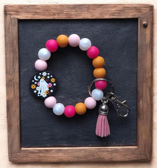 Silicone beaded wristlet keychain / fall halloween beaded wristlet ghost keychain / groovy floral ghost bag accessories key chain gift