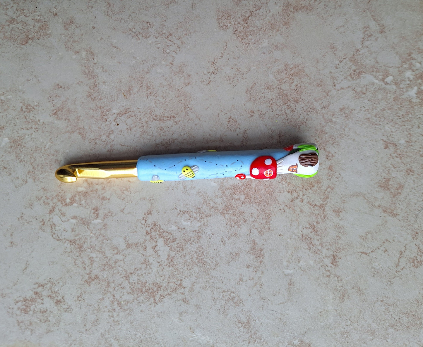 Polymer clay buzzing bee fairy toadstool house crochet hook