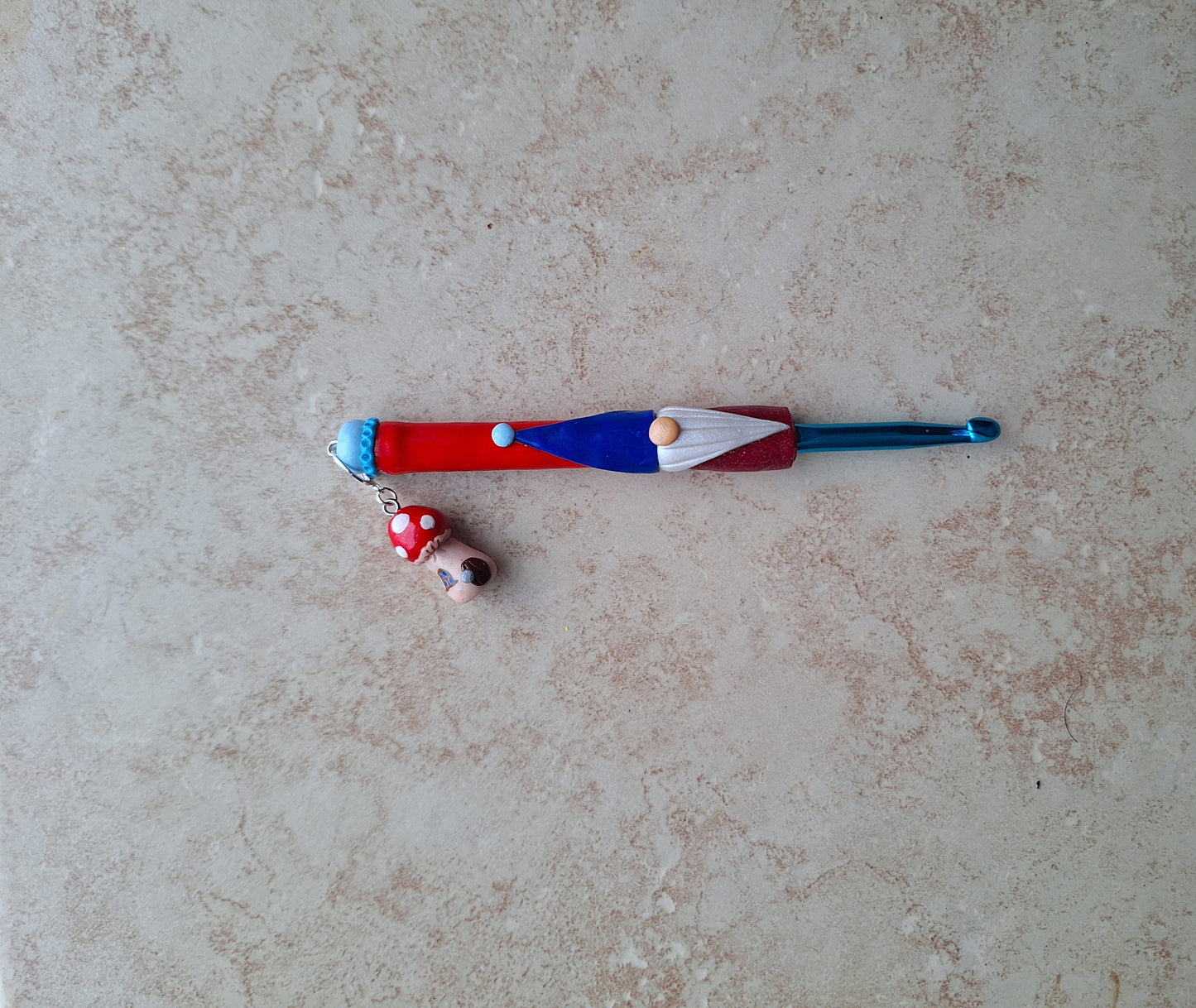 Polymer clay mushroom garden gnome crochet hook
