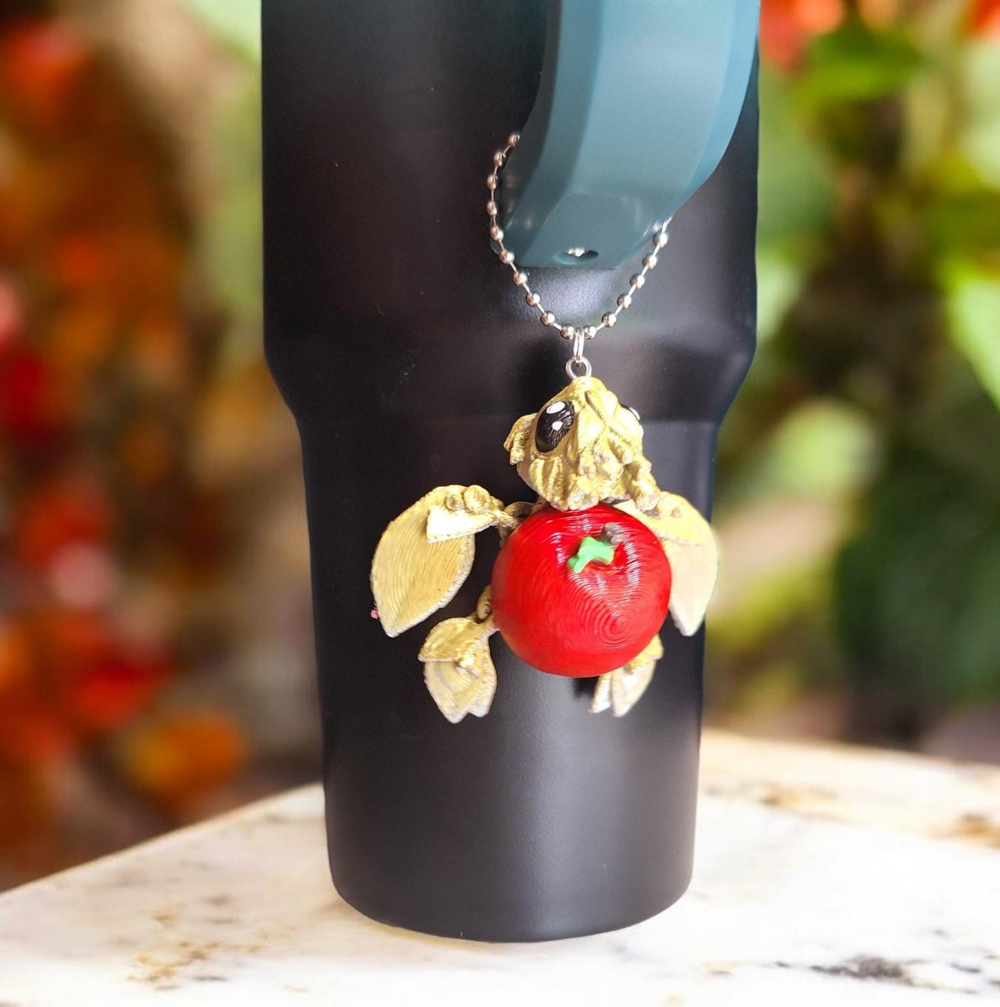 3D articulated gold red apple turtle tumbler handle charm / 3d printed turtle animal halloween fall carmel apple turtle tumbler charm Fidget