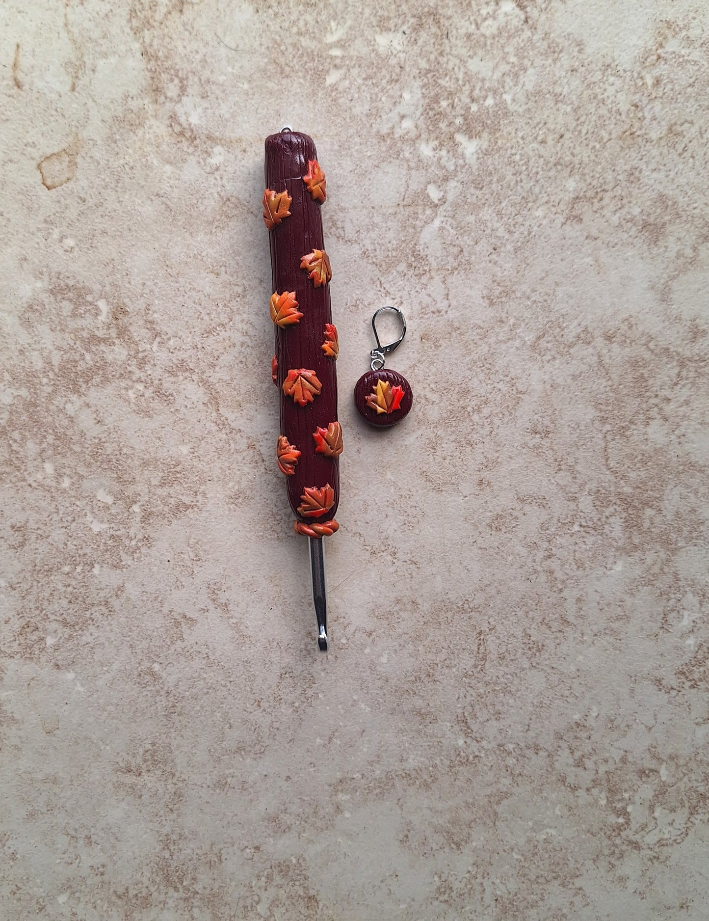 Polymer clay maple leaf fall colorful crochet hook matching stitch marker