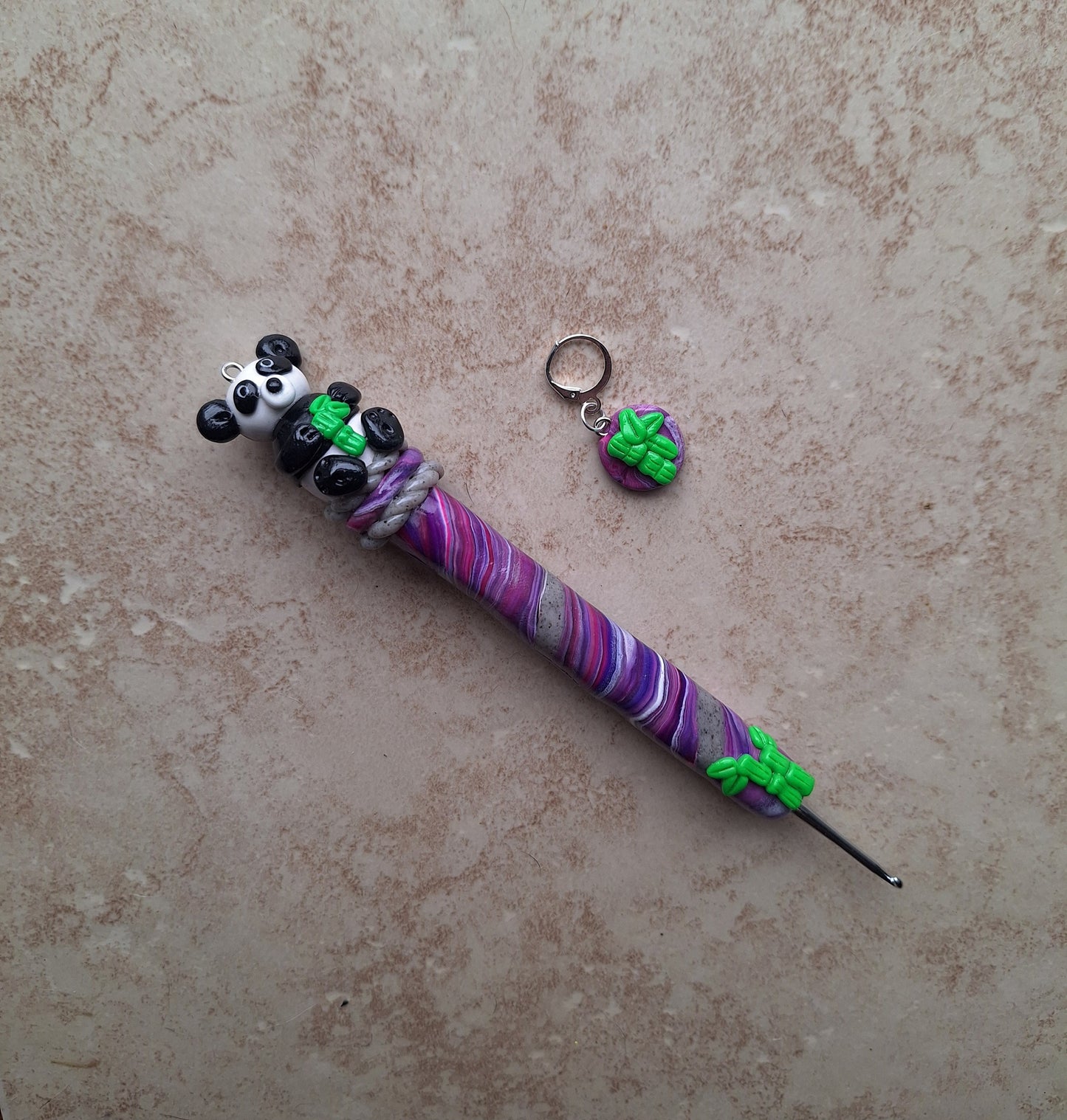 Polymer clay purple swirl panda bamboo crochet hook with stitch marker