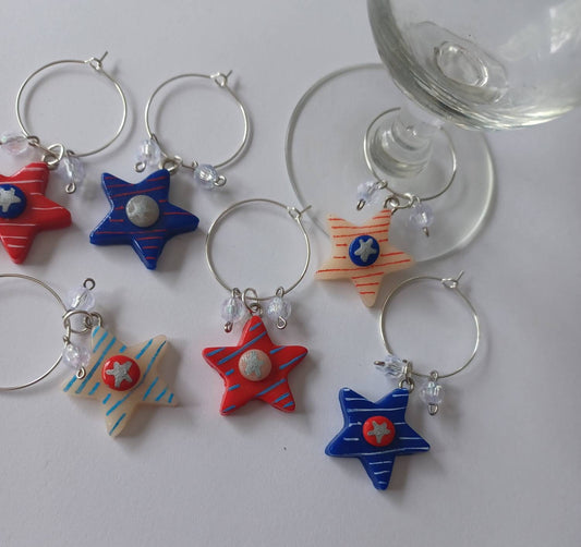 Set of 6 Red white blue star wine charms / 4th of July wine charms / patriotic wine charms / set of 6 polymer clay wine charms