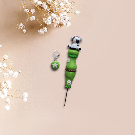 Polymer clay cute daisy cow crochet hook with stitch marker