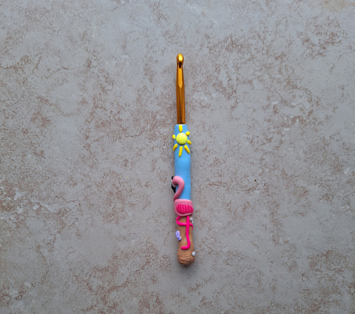 Polymer clay pink flamingo sunshine beach crochet hook