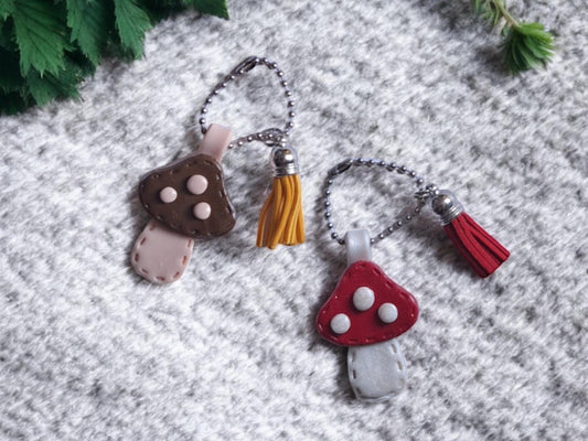 Polymer clay mushroom toadstool faux leather look stitch style keychain / cute clay toadstool bag accessories porcupine key chain