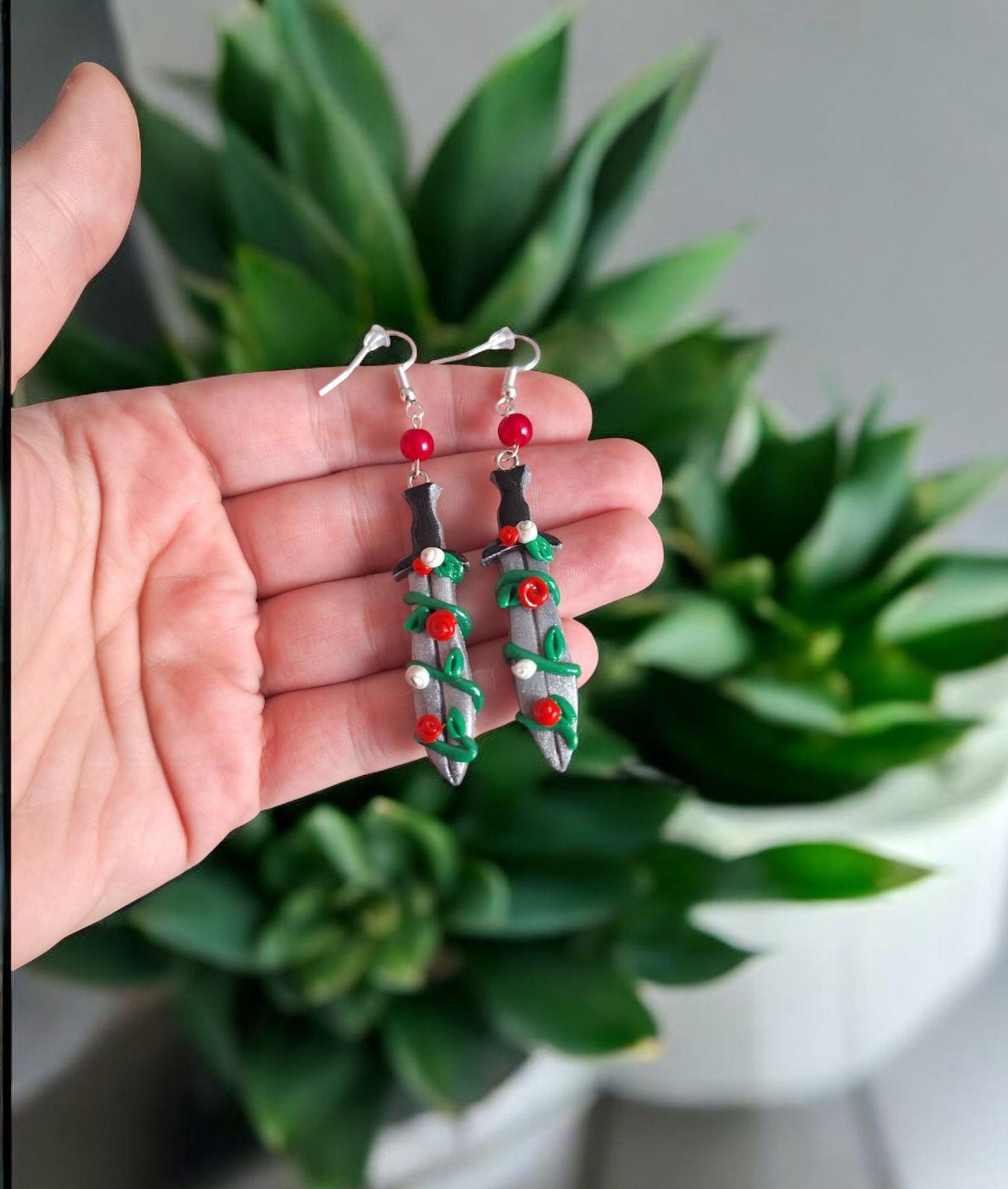 Kawaii clay floral fantasy earrings / polymer rose vine earrings jewelry / clay rose fantasy jewelry